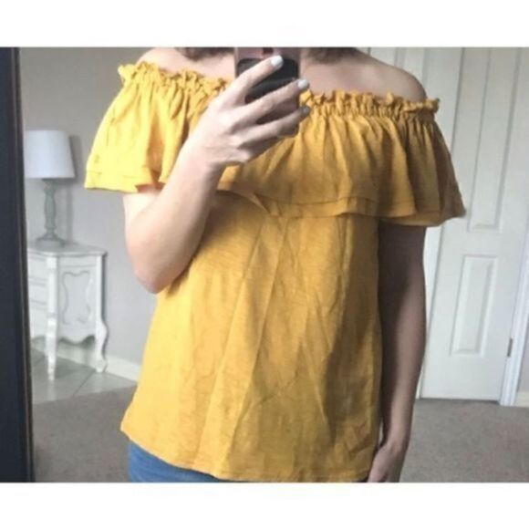Matilda Jane Fast Lane Top Marigold Yellow Ruffle Off The Shoulder Blouse Size X - Picture 6 of 8